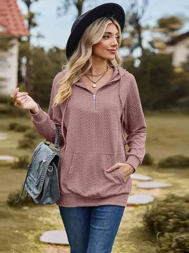 Cable-Knit Zip-Up Hooded Blouse Blouses - Tophatter Daily Deals
