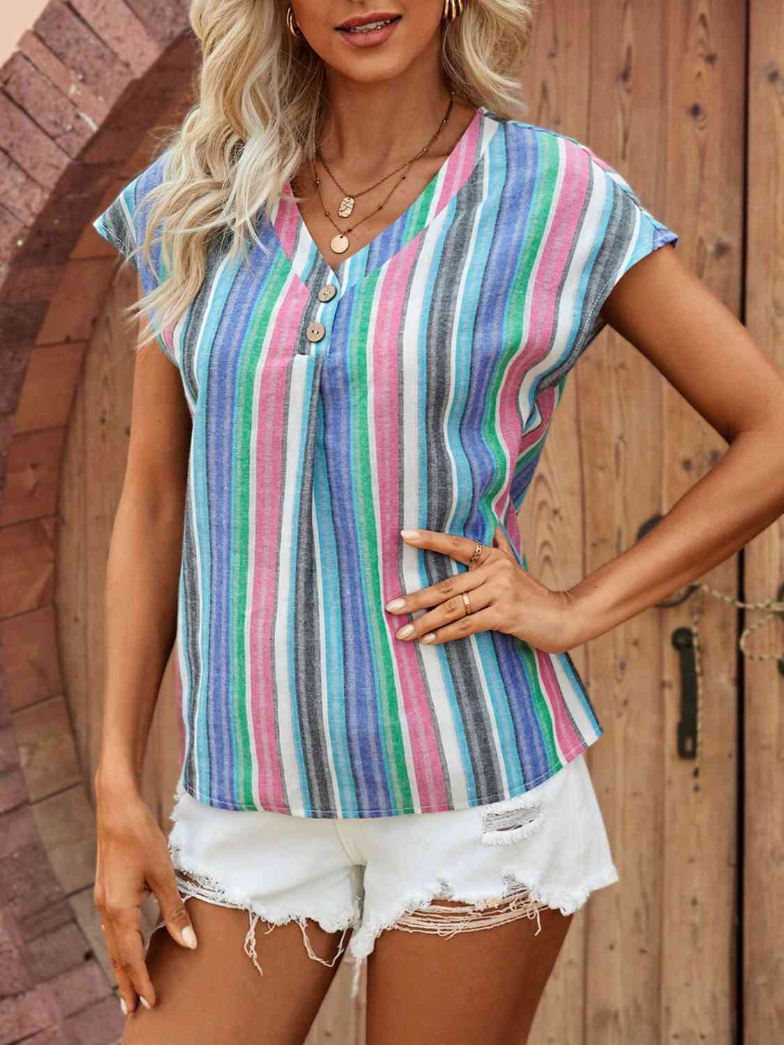 V Neck Cap Sleeve Button Detail Top Azure Women's T-Shirts - Tophatter Daily Deals