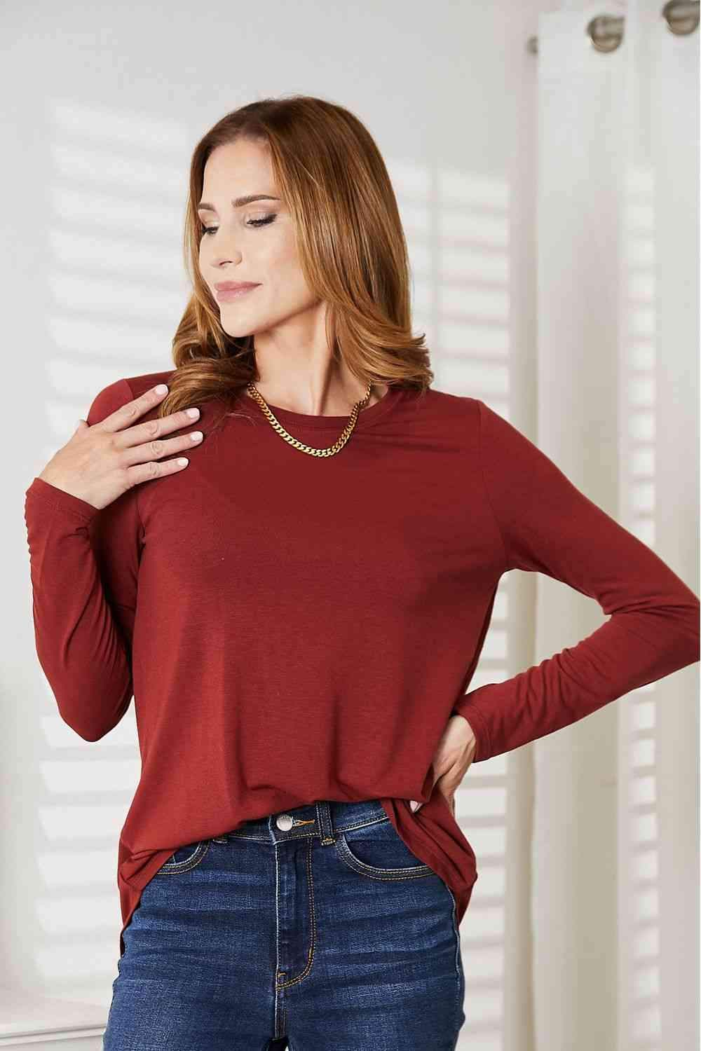 Zenana Full Size Long Sleeve Round Neck Round Hem Top Women's T-Shirts - Tophatter Daily Deals