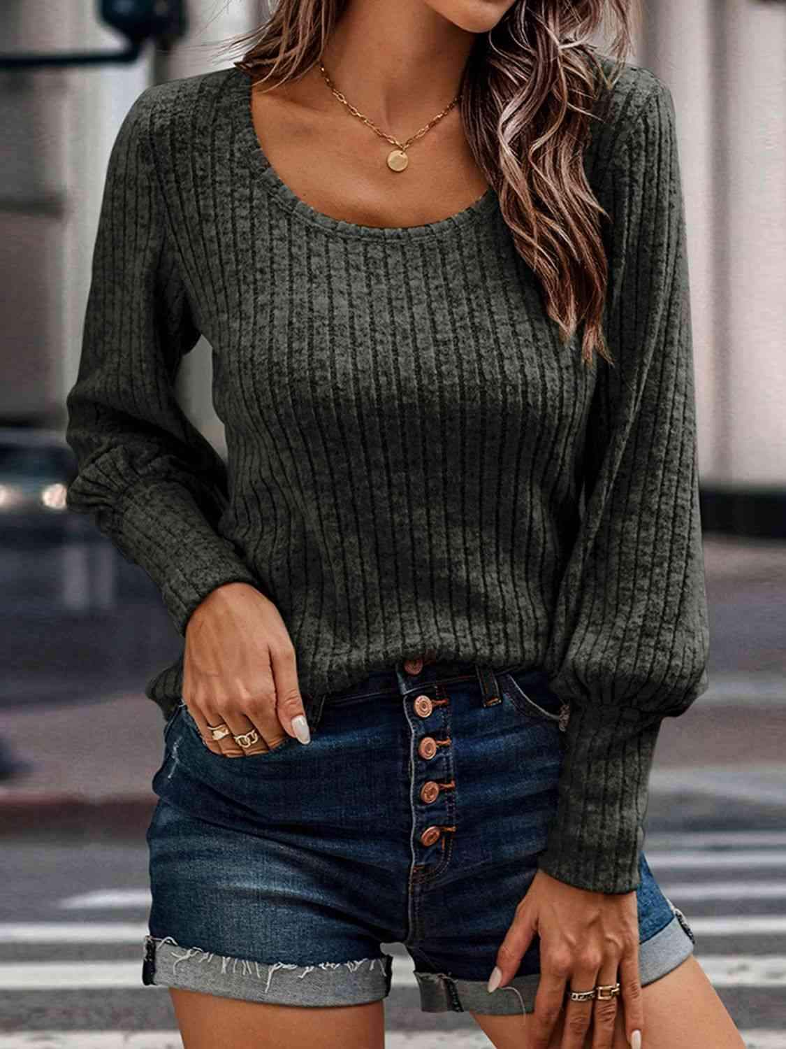 Ribbed Round Neck Long Sleeve Blouse Charcoal Blouses - Tophatter Daily Deals