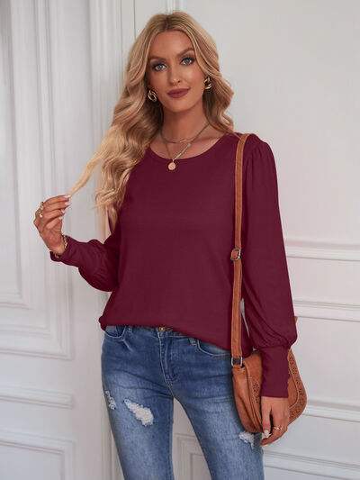 Round Neck Lantern Sleeve Blouse Wine Blouses - Tophatter Daily Deals