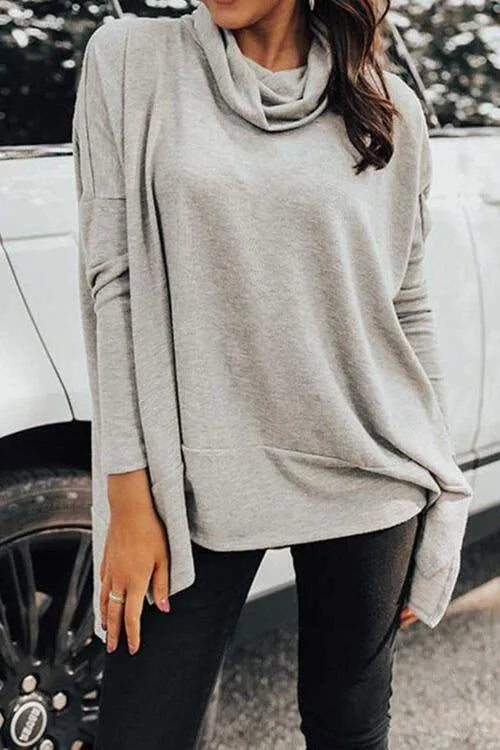Cowl Neck Long Sleeve Slit Blouse Light Gray Blouses - Tophatter Daily Deals
