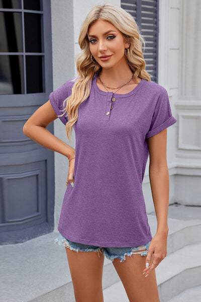 Round Neck Rolled Short Sleeve T-Shirt Women's T-Shirts - Tophatter Daily Deals