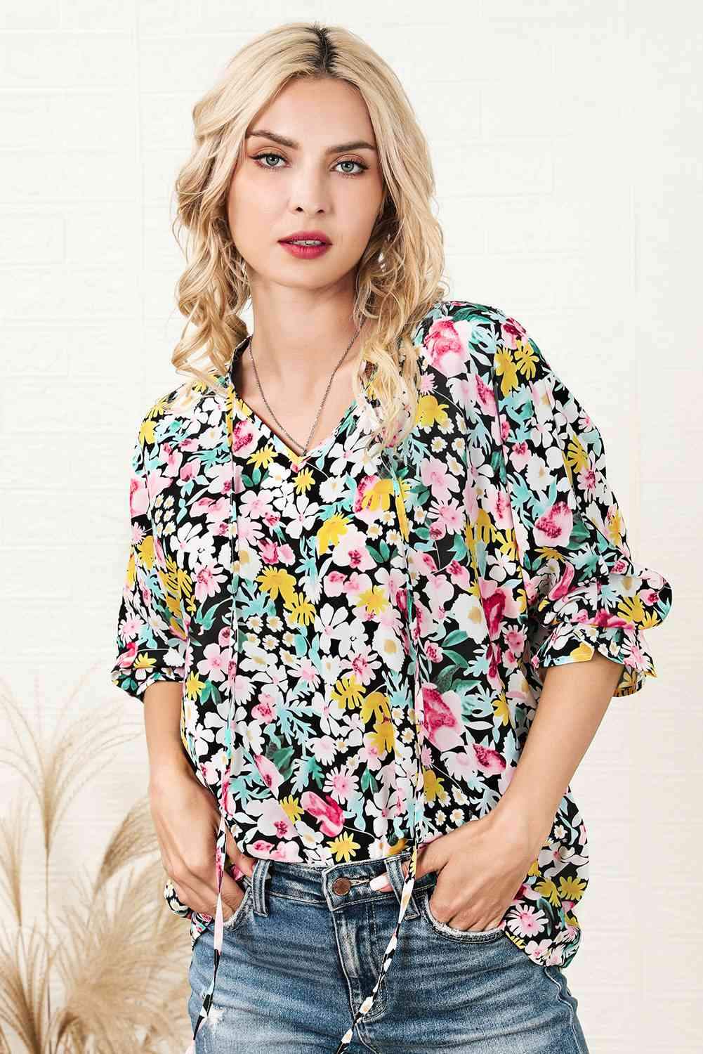 Floral Tie Neck Blouse Blouses - Tophatter Daily Deals