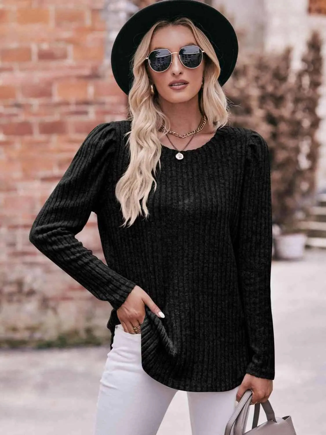 Double Take Round Neck Puff Sleeve Ribbed Top Black Blouses - Tophatter Daily Deals