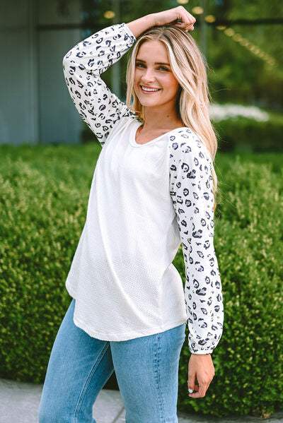 Leopard Round Neck Long Sleeve T-Shirt Women's T-Shirts - Tophatter Daily Deals