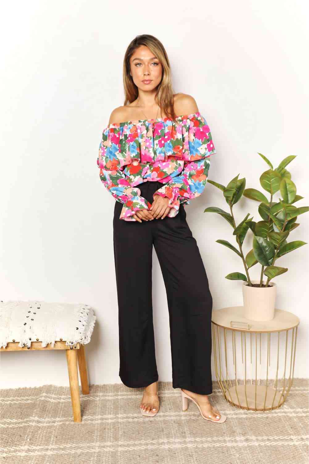 Double Take Floral Off-Shoulder Flounce Sleeve Layered Blouse Blouses - Tophatter Daily Deals