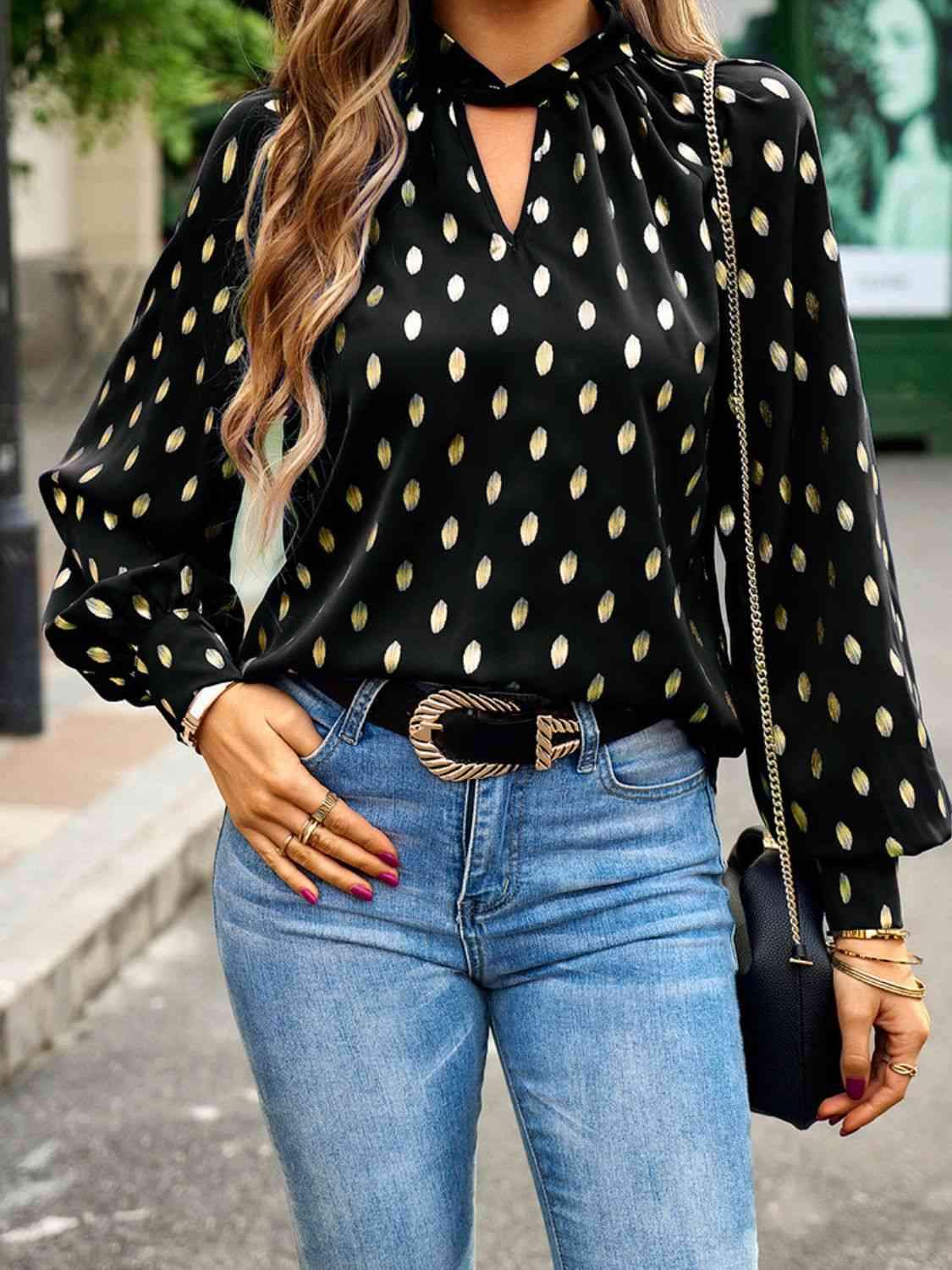 Mock Neck Cutout Lantern Sleeve Blouse Blouses - Tophatter Daily Deals