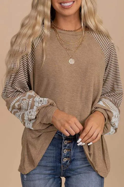 Striped Round Neck Long Sleeve Blouse Khaki Blouses - Tophatter Daily Deals