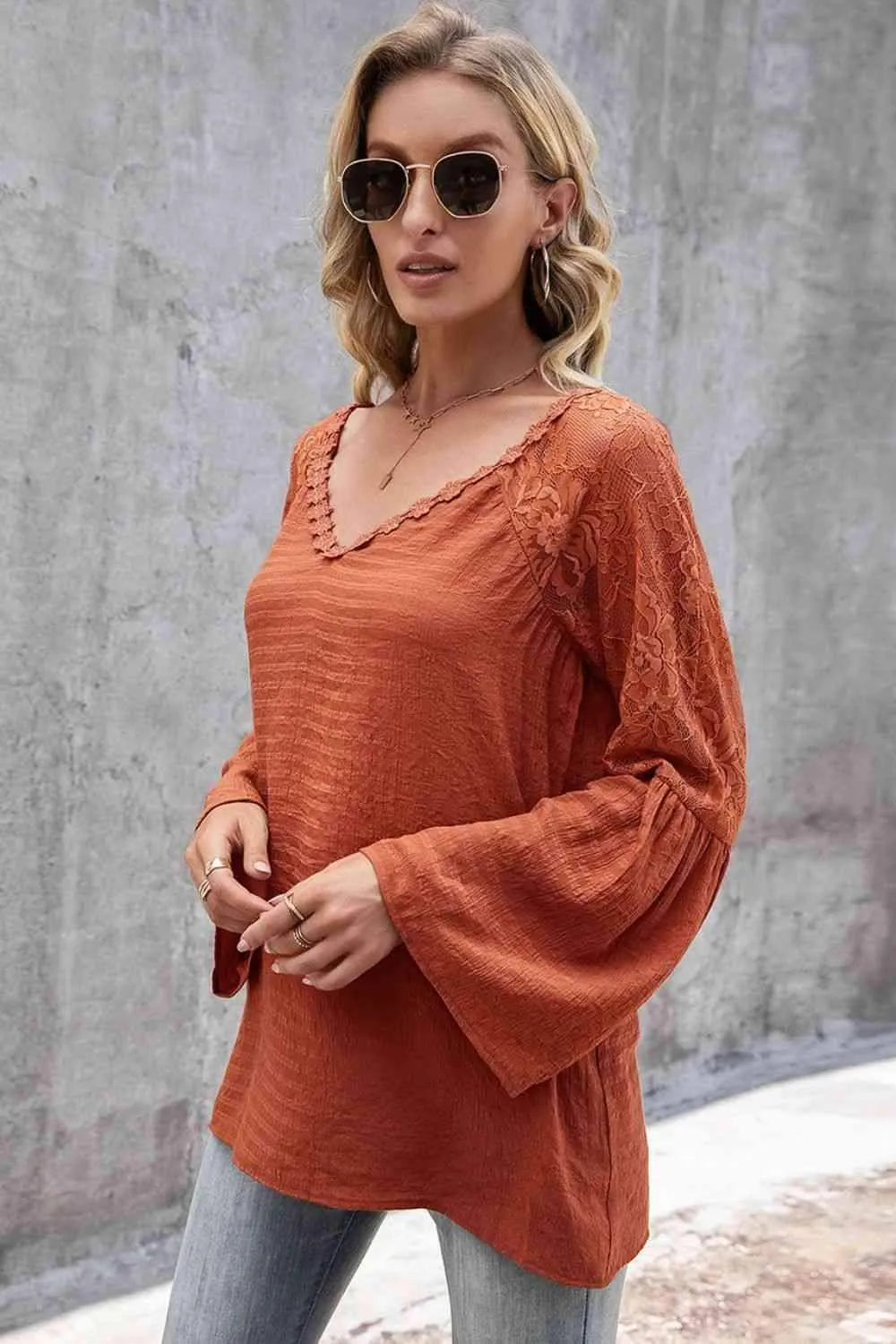 V-Neck Spliced Lace Flare Sleeve Top Blouses - Tophatter Daily Deals