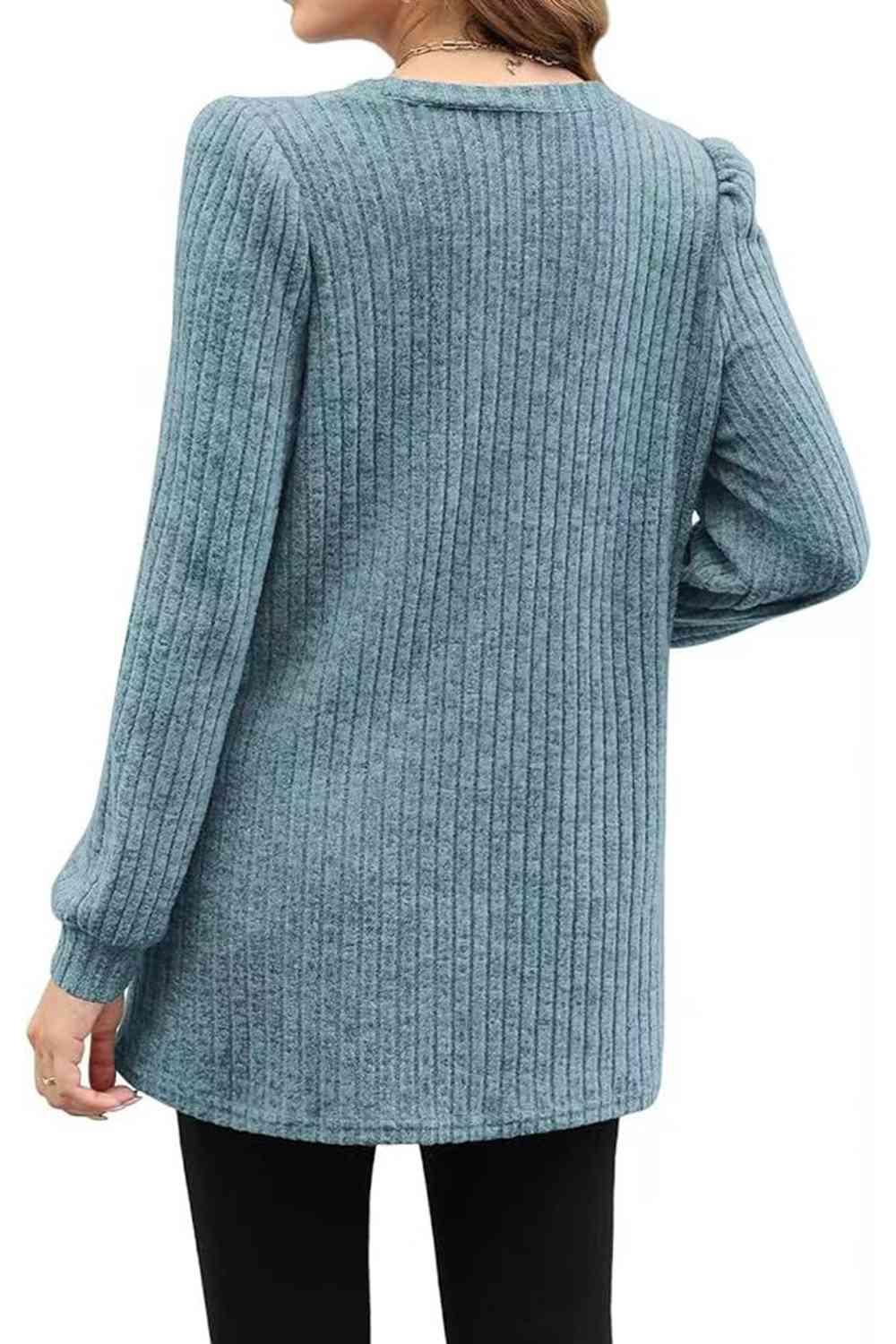 Ribbed Round Neck Long Sleeve T-Shirt Women's T-Shirts - Tophatter Daily Deals