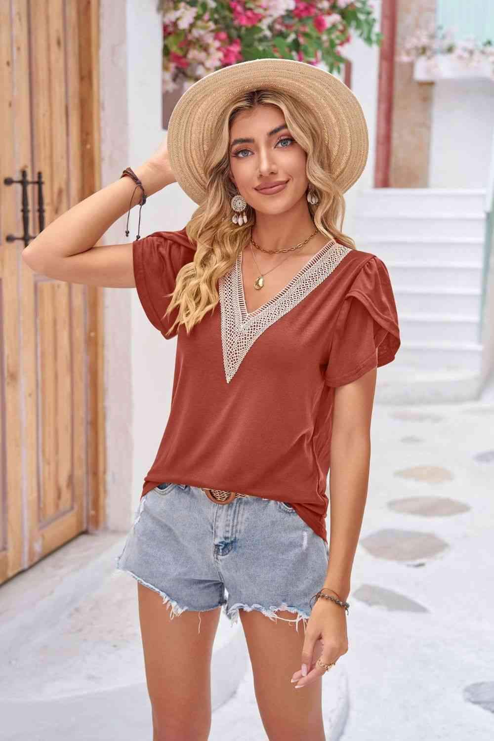 Contrast V-Neck Petal Sleeve Top Blouses - Tophatter Daily Deals