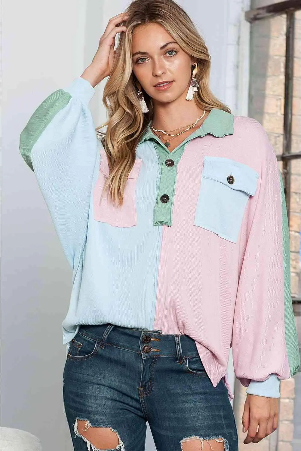 Multicolor Exposed Seam Colorblock Ribbed Henley Top Blouses - Tophatter Daily Deals