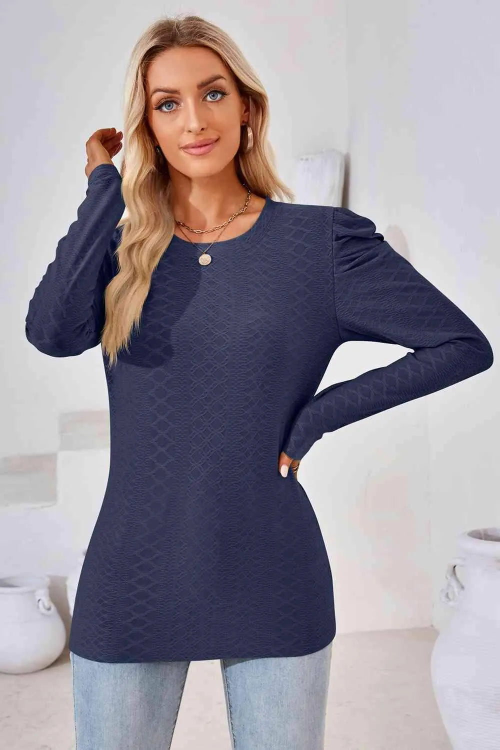 Round Neck Puff Sleeve Blouse Blouses - Tophatter Daily Deals