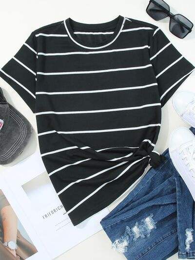 Striped Round Neck Short Sleeve T-Shirt Women's T-Shirts - Tophatter Daily Deals