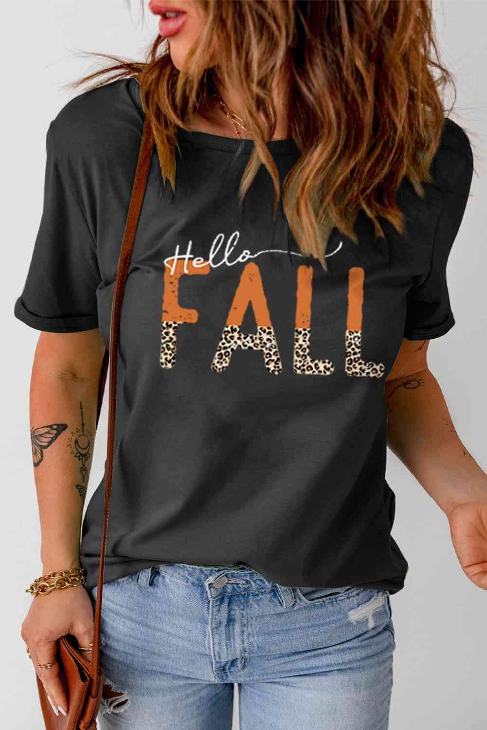 HELLO FALL Graphic Tee Black Women's T-Shirts - Tophatter Daily Deals