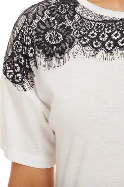 Lace Detail Round Neck Short Sleeve T-Shirt Women's T-Shirts - Tophatter Daily Deals