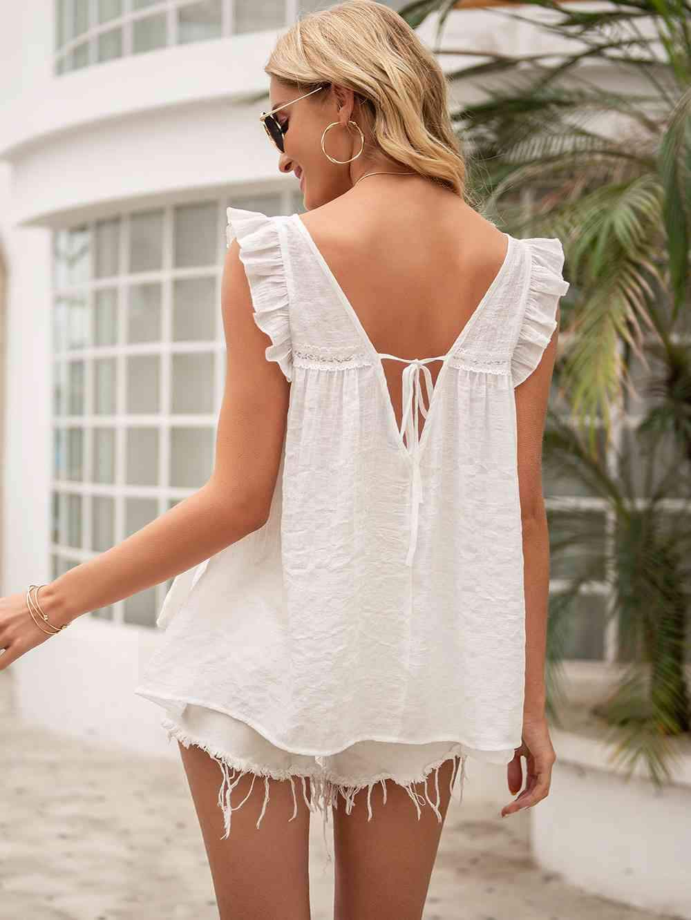 Tie Back V-Neck Ruffled Blouse Blouses - Tophatter Daily Deals