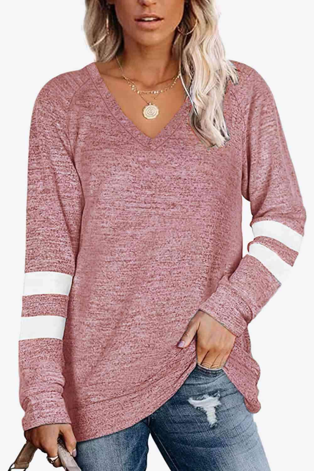 Striped Contrast Raglan Sleeve Top Pink Women's T-Shirts - Tophatter Daily Deals