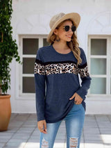Leopard Round Neck Long Sleeve T-Shirt Peacock Blue Women's T-Shirts - Tophatter Daily Deals