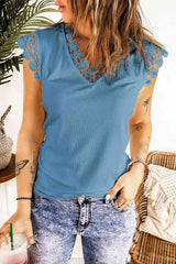 Lace Trim V-Neck Capped Sleeve Top Azure Blouses - Tophatter Daily Deals