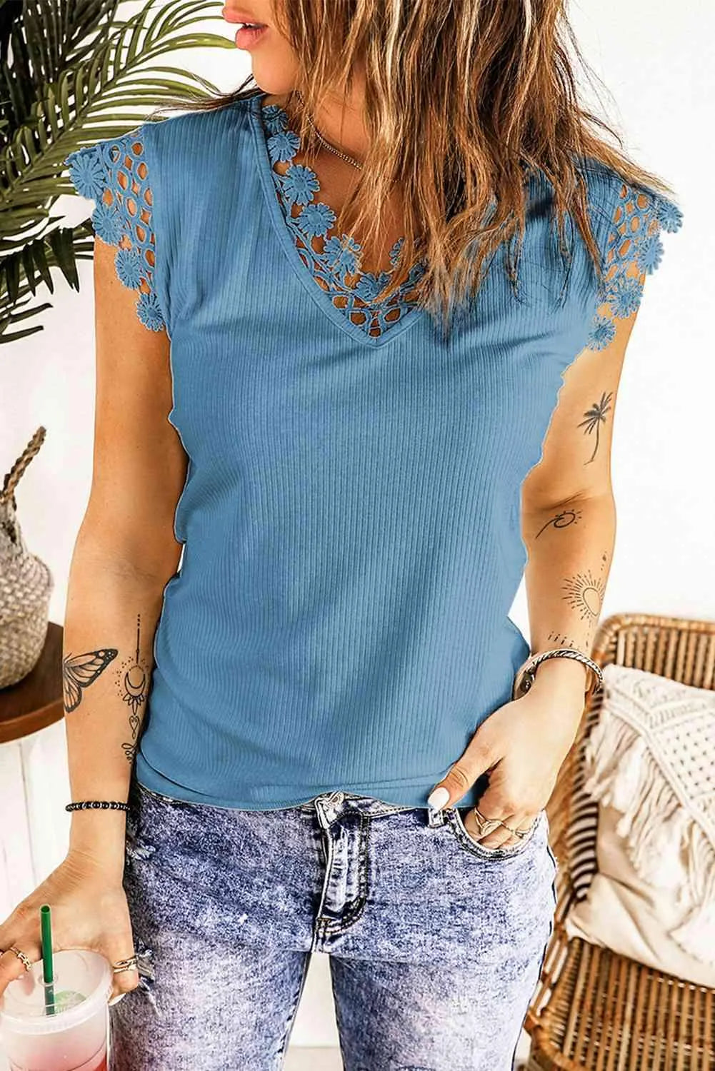 Lace Trim V-Neck Capped Sleeve Top Azure Blouses - Tophatter Daily Deals