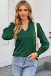 Frill Notched Neck Smocked Designed Long Sleeve Blouse Green Blouses - Tophatter Daily Deals