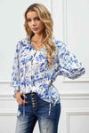 Floral Frill Trim Tie Neck Flounce Sleeve Blouse Cobalt Blue Blouses - Tophatter Daily Deals