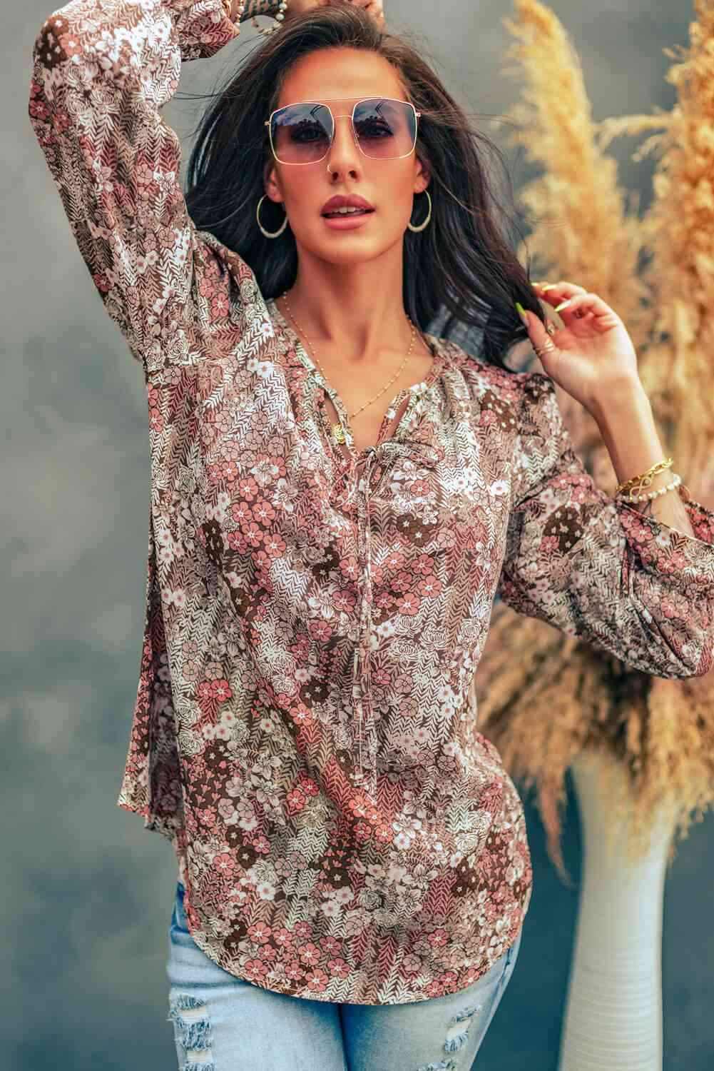 Printed Tie Neck Flounce Sleeve Top Brown Floral Blouses - Tophatter Daily Deals
