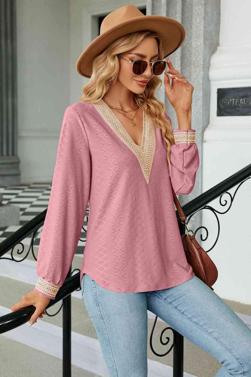 V-Neck Long Sleeve Blouse Blouses - Tophatter Daily Deals