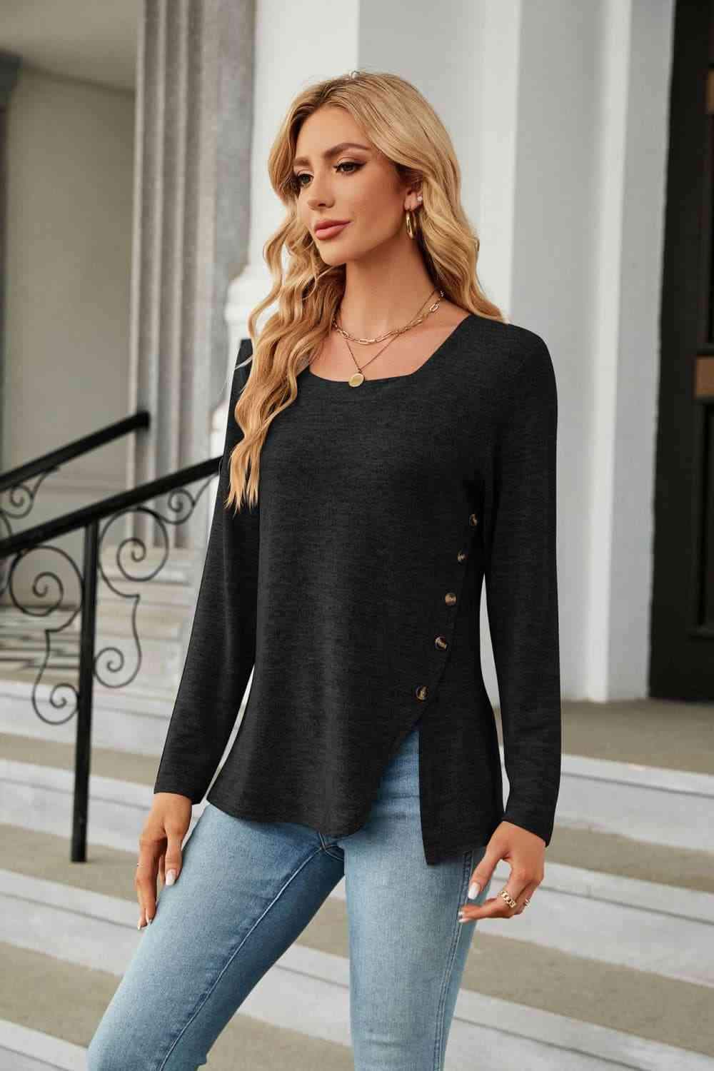 Square Neck Long Sleeve Slit T-Shirt Women's T-Shirts - Tophatter Daily Deals