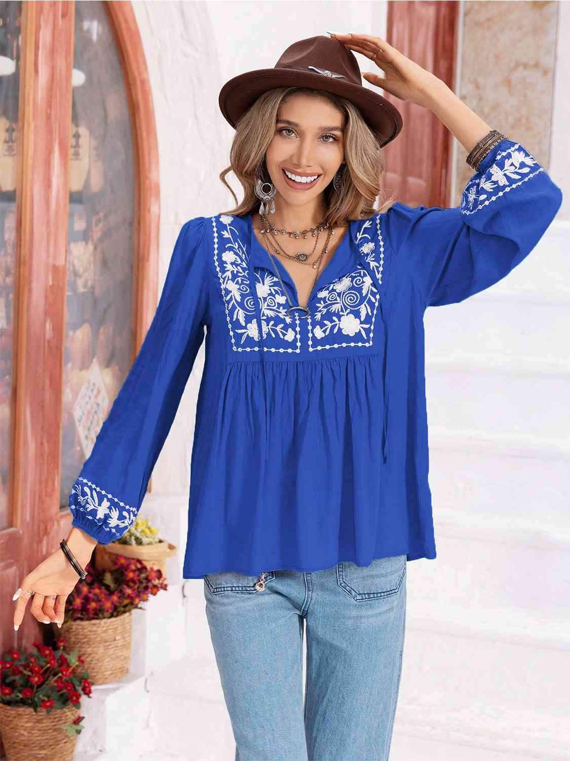 Floral Tie Neck Balloon Sleeve Blouse Blouses - Tophatter Daily Deals