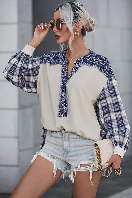 Plaid Notched Neck Slit Blouse Blouses - Tophatter Daily Deals