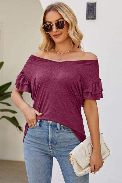 Ruffled V-Neck Flutter Sleeve T-Shirt Women's T-Shirts - Tophatter Daily Deals