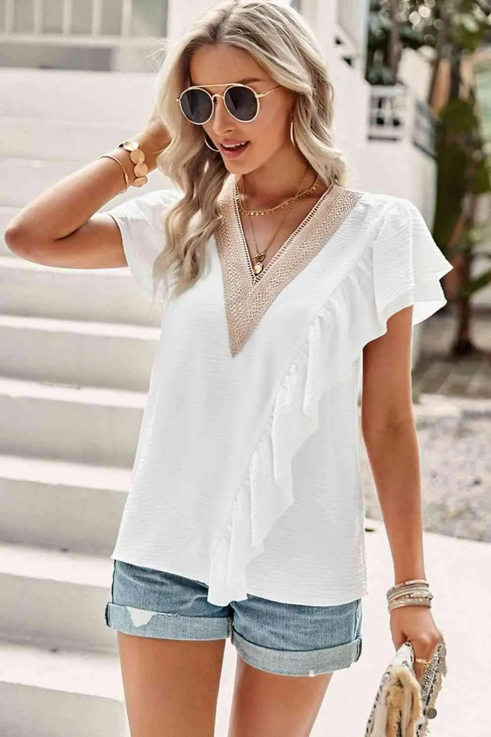 Contrast Ruffle Trim Flutter Sleeve Blouse Blouses - Tophatter Daily Deals