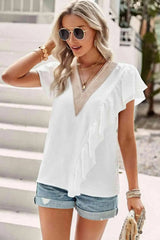 Contrast Ruffle Trim Flutter Sleeve Blouse Blouses - Tophatter Daily Deals