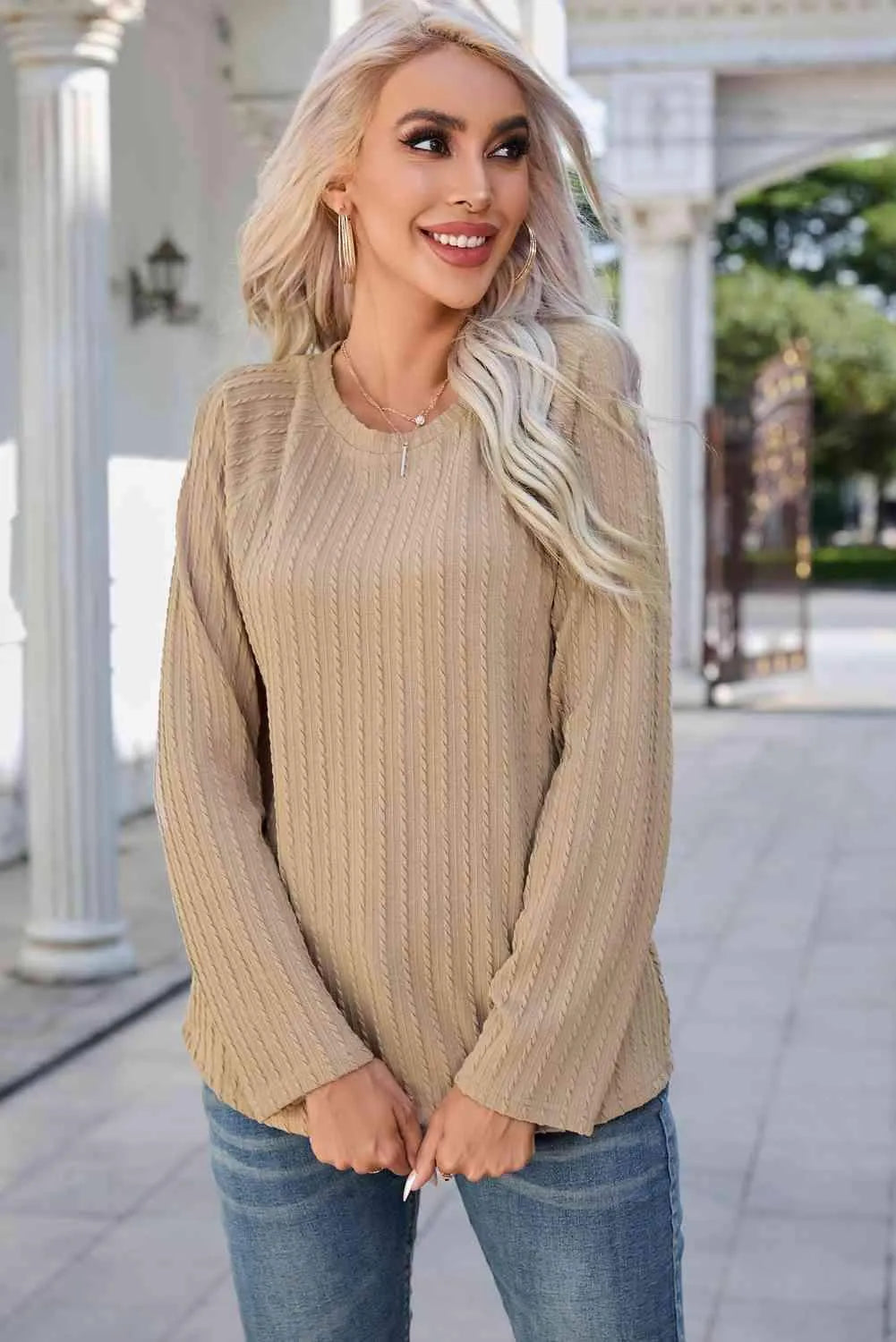 Round Neck Raglan Sleeve Ribbed Blouse Blouses - Tophatter Daily Deals