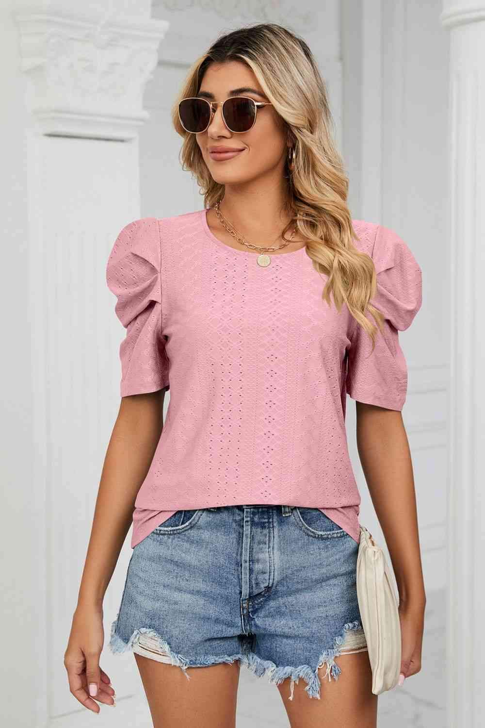 Eyelet Puff Sleeve Round Neck Blouse Blouses - Tophatter Daily Deals