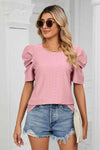 Eyelet Puff Sleeve Round Neck Blouse Blouses - Tophatter Daily Deals