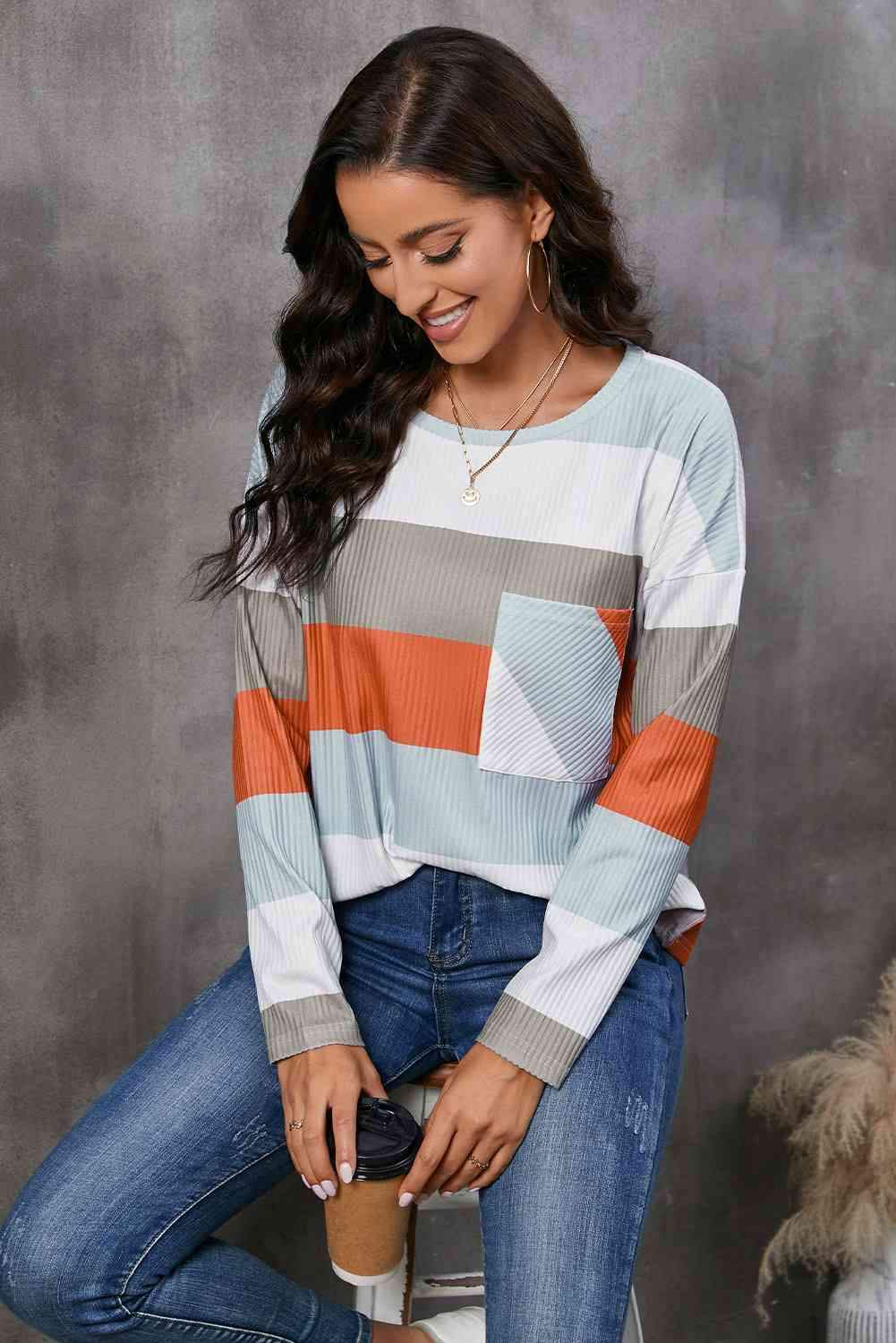 Wide Stripe Top with Pocket Blouses - Tophatter Daily Deals