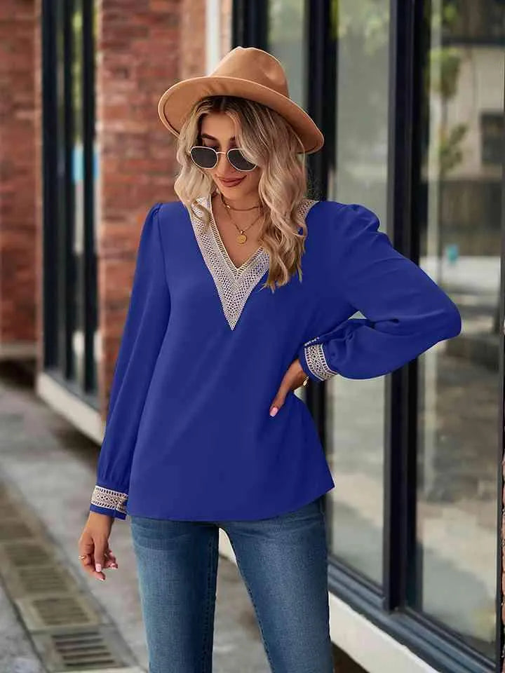 V-Neck Long Sleeve Blouse Blouses - Tophatter Daily Deals