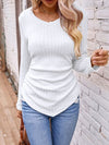 Textured Ruched V-Neck Long Sleeve T-Shirt White Women's T-Shirts - Tophatter Daily Deals