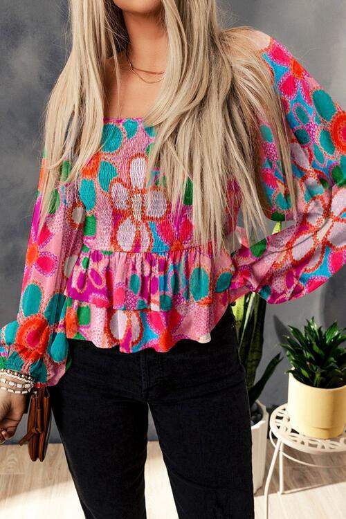 Floral Smocked Ruffled Balloon Sleeve Blouse Blouses - Tophatter Daily Deals