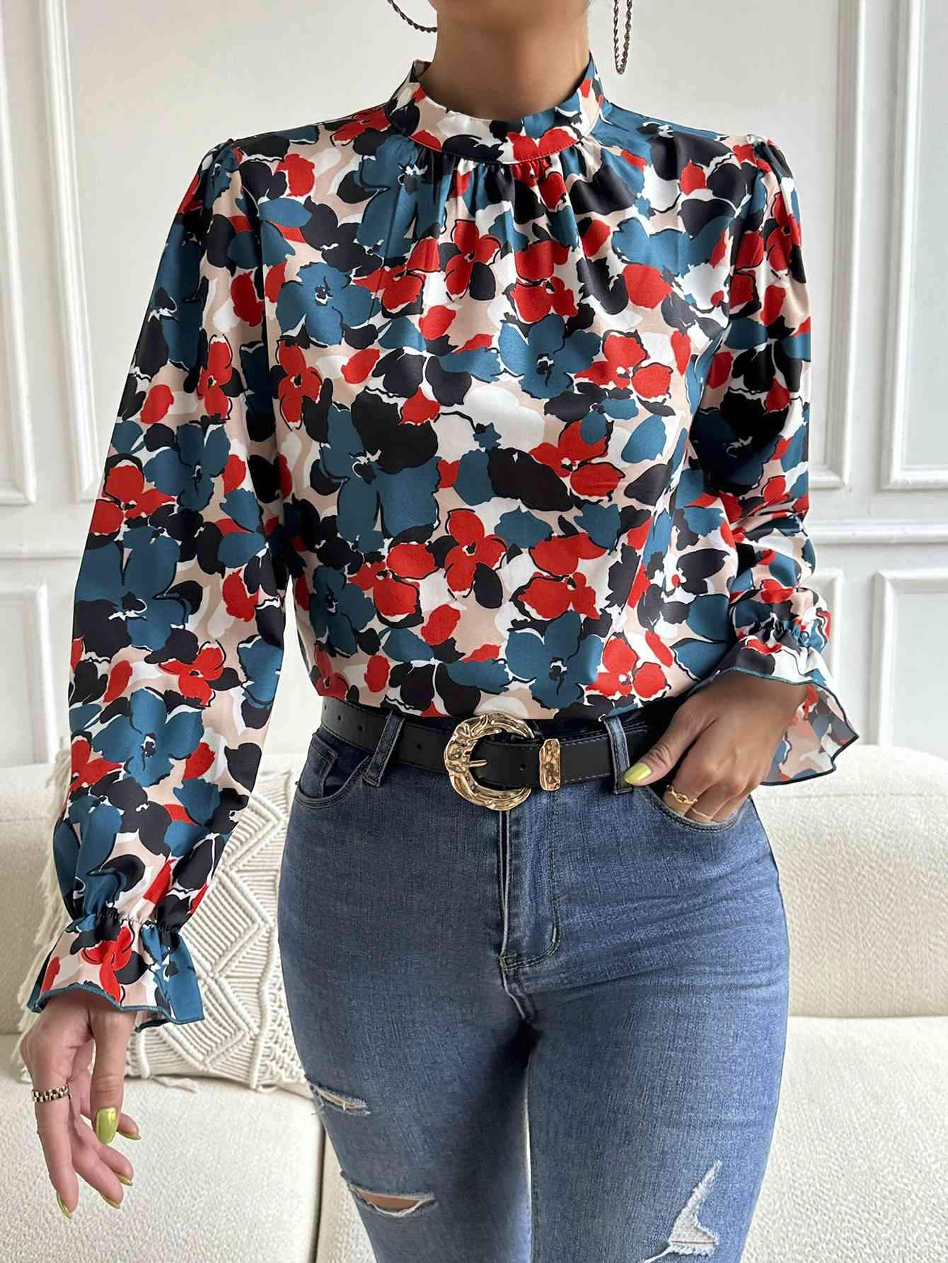 Floral Mock Neck Long Flounce Sleeve Blouse Sky Blue Blouses - Tophatter Daily Deals