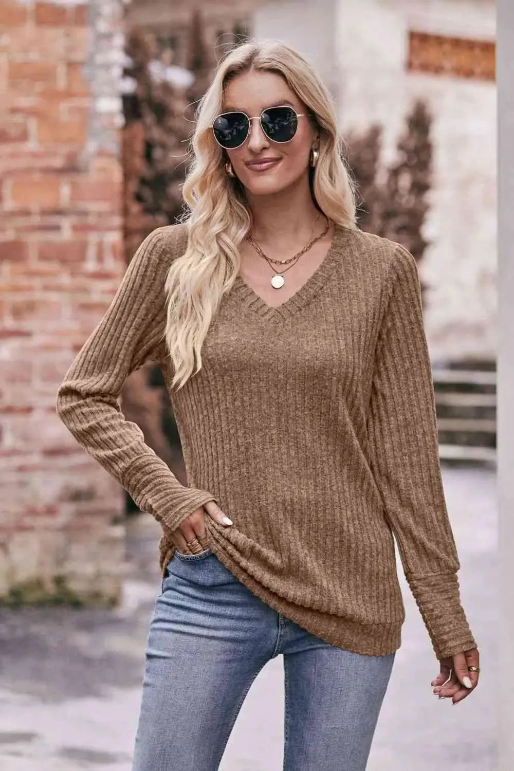Double Take V-Neck Long Sleeve Ribbed Top Blouses - Tophatter Daily Deals