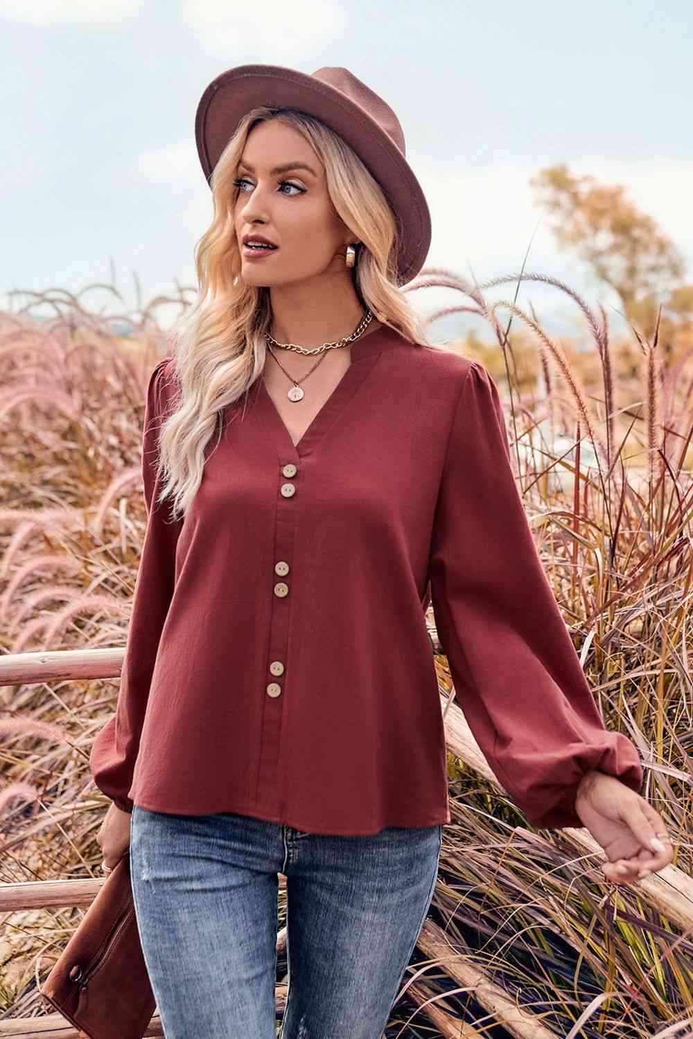 V-Neck Balloon Sleeve Button-Up Blouse Brick Red Blouses - Tophatter Daily Deals