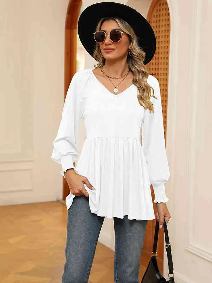 V-Neck Lantern Sleeve Blouse Blouses - Tophatter Daily Deals