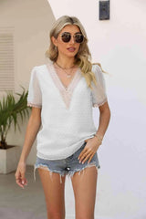 Contrast V-Neck Swiss Dot Top White Blouses - Tophatter Daily Deals