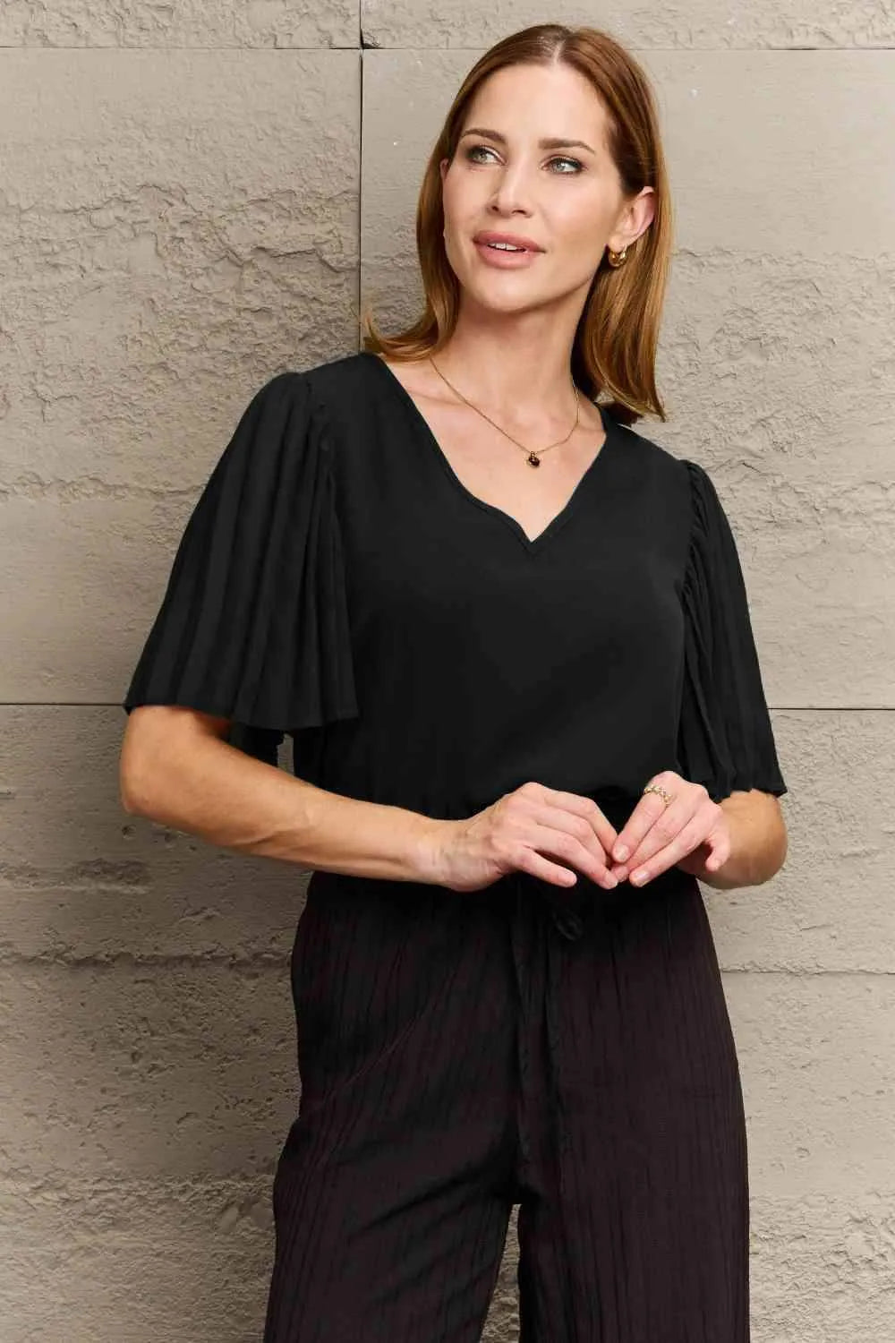 V-Neck Flutter Sleeve Blouse Black Blouses - Tophatter Daily Deals