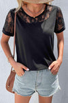 Spliced Lace Round Neck Short Sleeve Top Black Blouses - Tophatter Daily Deals